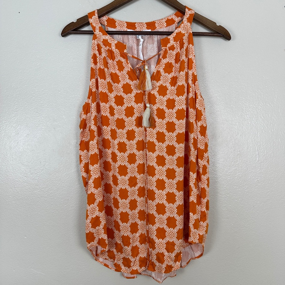Rose + Olive Women's M Sleeveless Blouse‎ Orange Geometric Tassel Tie Rayon Top